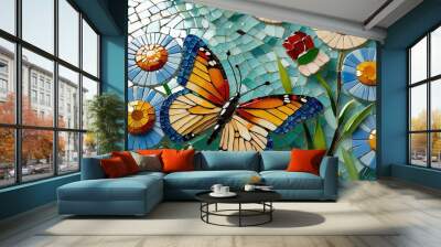 image of butterflies fluttering among wildflowers in g background Wall mural