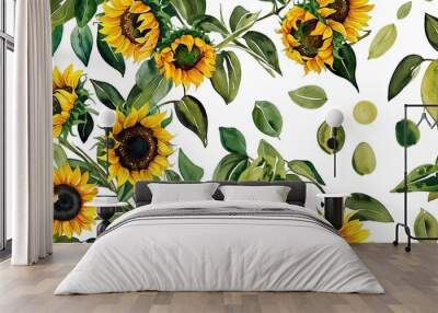 Olive sunflowers watercolor marks seamless plain white background design Wall mural