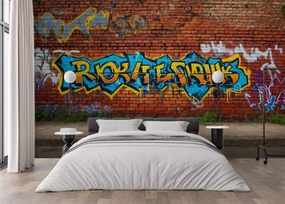 red brick wall with grungy texture and graffiti for ba background Wall mural