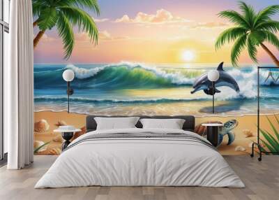 visualize a tranquil beach at sunrise where a playful art .jpeg Wall mural