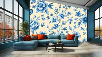 Classic blue floral design with intricate leaf and flower details, Generative AI Wall mural