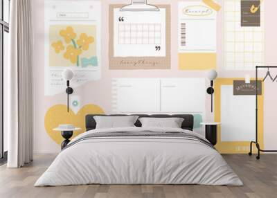 memo template. A collection of striped notes, blank notebooks, and torn notes used in a diary or office. Wall mural