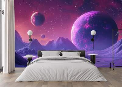 3D cartoon depiction of a purple space landscape featuring large planets in a starry sky complemented by meteors and mountains An alien world showcasing nature with a massive planet on the horizon Wall mural