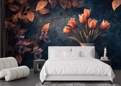 3D rendering of a captivating still life featuring tulips and irises with a light vase contrasting against a backdrop of dark leaves The volumetric execution technique enhances the sense of moveme Wall mural