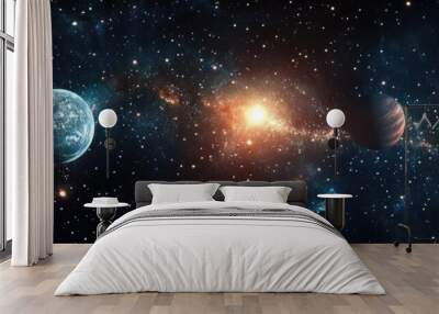 A 2D illustration rendered in 3D featuring a realistic star pattern background showcasing deep interstellar space with bright stars planets and moons Diverse science fiction inspired backdrops and Wall mural