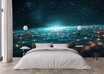 Abstract landscape in a dark background featuring a star horizon cyberspace grid and a high tech network in an outer space setting 3D cartoon rendering Starry outer space texture 3D illustration Wall mural