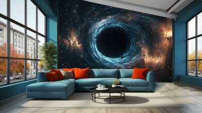 Black hole in a 3D cartoon rendering featuring massive stars a cold dark nebula and a deep space backdrop with a dark night sky and interstellar environment 2D illustration Wall mural