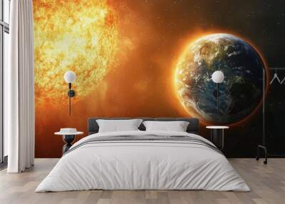 Cartoon rendering of Earth and a burning sun in 3D Wall mural