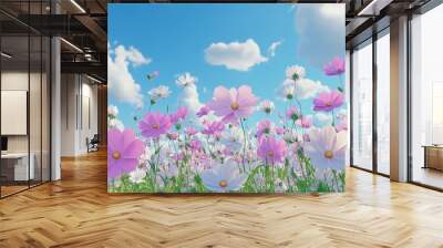 Colorful and fresh 3D cartoon rendering of Cosmos flowers against a bright blue sky with white clouds representing a nature concept Wall mural