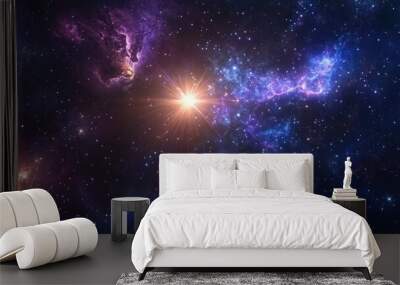 High quality space background featuring a bright star nebula and a distant galaxy in a 3D cartoon rendering Wall mural