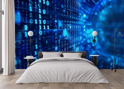 Abstract digital background featuring streaming binary code and AI algorithms, illustrating the seamless and powerful operations of modern computing technologies Wall mural