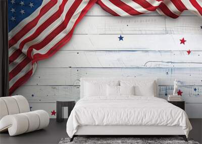 Elegant white wooden background adorned with an American flag, capturing the pride and celebration of America's July 4th national holiday.  Wall mural