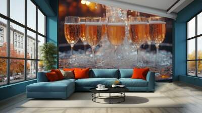 Glasses of sparkling champagne with festive lights in the background, celebrating New Year's Eve or special occasion. Concept of luxury, celebration, and party. Wall mural