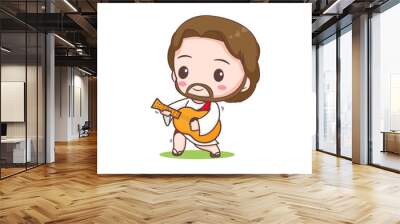 Cute Jesus playing guitar. Chibi cartoon character isolated white background. Wall mural