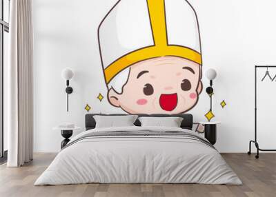 Cute Pope cartoon character. Happy smiling catholic priest mascot character. Christian religion concept design. Isolated white background. vector art illustration.	 Wall mural