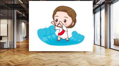 Jesus Christ walking on the water cartoon character. Cute mascot illustration. Isolated white background. Biblical story Religion and faith. Wall mural