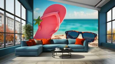 A serene beach scene features a pink flip flops with a green star, orange and black sunglasses, and a vibrant blue ocean, all set against a clear blue sky Wall mural