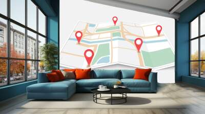 Folded paper city map with red pin pointer, vector illustration Wall mural