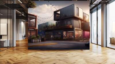 Futuristic container house city and square with trees at sunset. Generative AI Wall mural