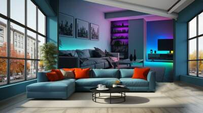 Modern living room illuminated with rgb LED lights. Generative AI Wall mural