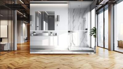 Modern minimalistic bathroom interior with cabinet and shower cabin. Generative AI Wall mural