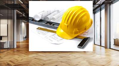 isolated hard hat with blueprints and rulers on white Wall mural