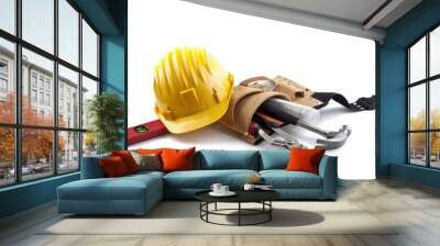 isolated hard hat with tools and blueprint on white Wall mural