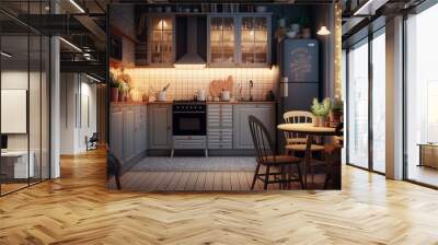 Scandinavian interior style kitchen at night with strings of light. Generative AI Wall mural