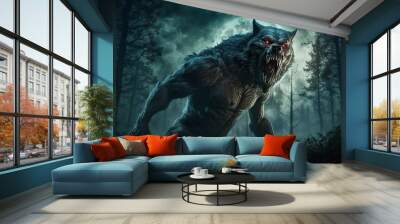 Terrifying werewolf in the forest with full moon Wall mural