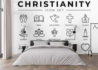 Christianity Outline Icon Set with Faith, Bible, Crucifixion , Baptism, Church, Resurrection, Holy Spirit, Saints, Commandments,Light, Protection, Justice, Safety and Love Thin Icons Wall mural