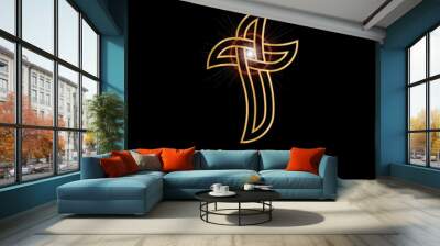 Gold Christian Church Logo Design with Cross on Black Background Wall mural