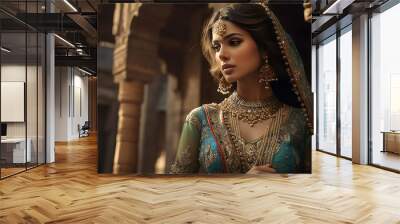 An Indian Pakistani female model bride dressed in a stunning formal traditional outfit, with intricate embroidery and beading work. Generative AI. Wall mural