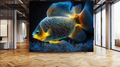 Translucent glowing gold fish in deep sea neon cloral. Generated by AI. Wall mural