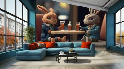 Two bunny dressed in suit havings drinks at an upscale bar. Relaxed nice environment. Generated by AI. Wall mural