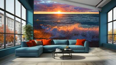 Sunset and Wave Splash on Lake Michigan. Sleeping Bear Dunes, Michigan, USA Wall mural