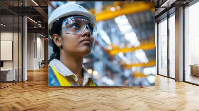 a confident Indian female engineer wearing a hard hat and safety glasses,  Wall mural