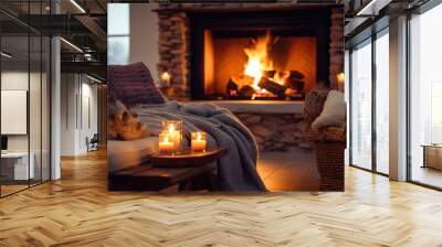 a cozy fireplace with crackling flames, surrounded by plush cushions and blankets Wall mural