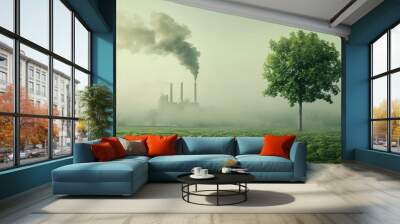 a green tree and meadow with clear air to a factory emitting pollution  Wall mural