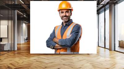 a male engineer standing proudly in front of a completed construction project, isolated on transparent and white background.PNG image. Wall mural