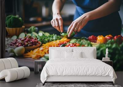 a person preparing a healthy meal in a modern kitchen, chopping fresh vegetables  Wall mural