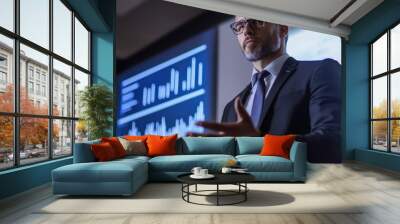 A successful businessman giving a presentation in a bright conference room, with charts and graphs projected behind him, engaging and inspiring the audience  Wall mural