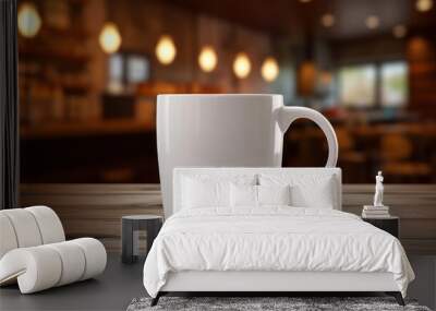 A white ceramic coffee mug sits on a wooden table  Wall mural