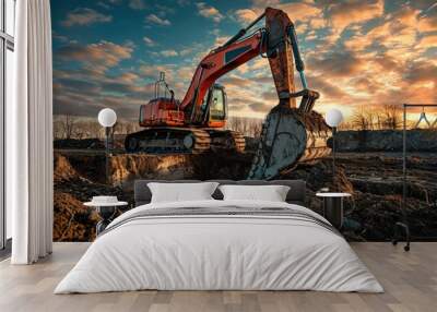 A working excavator ,large construction area Wall mural