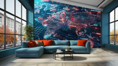 Abstract digital world map and stock market data Wall mural