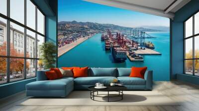 Aerial view of a global shipping port with cargo containers, ships docked, and cranes actively loading goods onto vessels under clear blue skies Wall mural