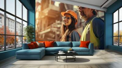 An engineer couple, the woman wearing a hard hat and the man wearing safety glasses, Wall mural