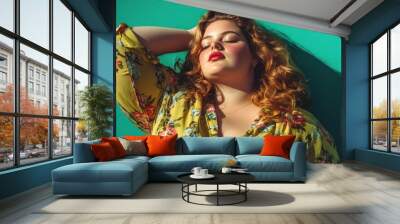 Beautiful overweight young woman Celebrates beauty beyond traditional standards, used in inclusive fashion and beauty content. Wall mural