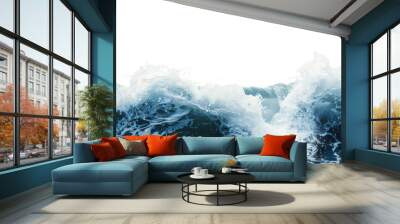 Blue sea wave with white foam isolated on transparent and white background.PNG image. Wall mural