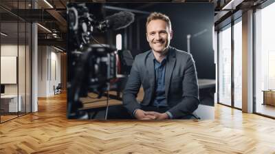 broadcasting studio and interviewing ,happy journalist sitting in a home Wall mural