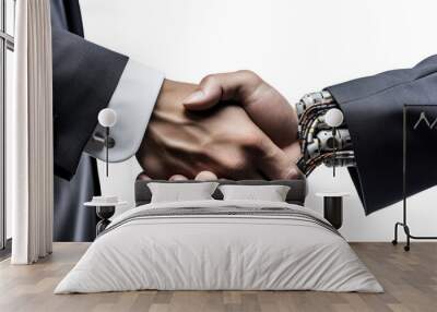 Businessman shaking hands with robot isolated on transparent and white background.PNG image. Wall mural